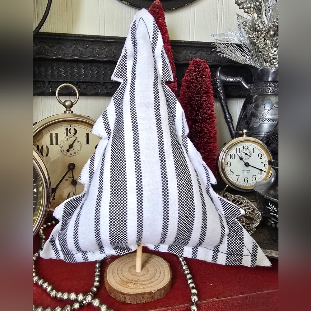 Set of 2 Handmade Plush Black & White Flannel Ticking Christmas Trees - Picture 4 of 7